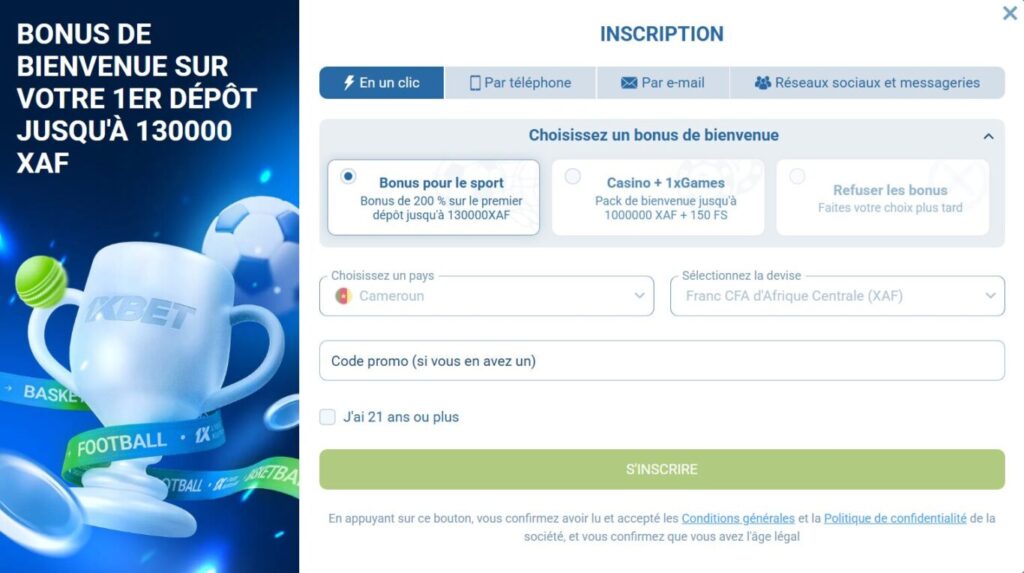 1xbet inscription cameroun