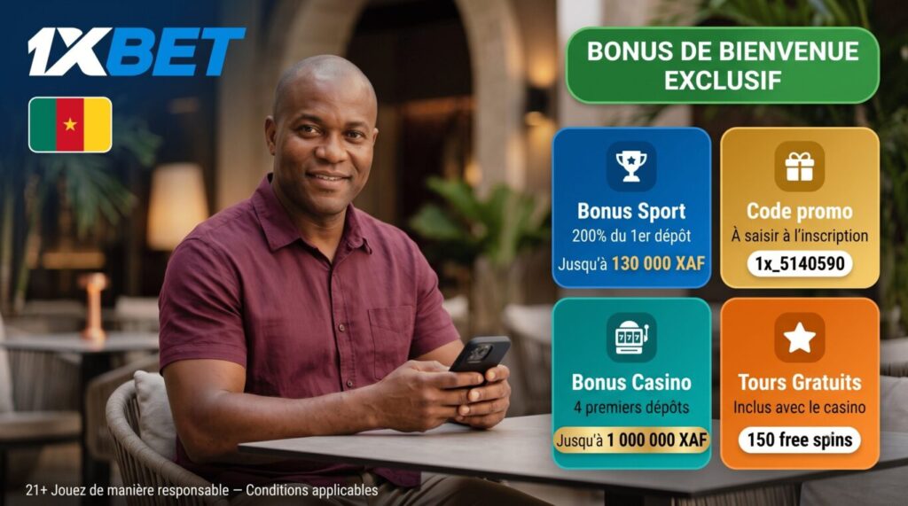 Bonus de bienvenue 1xBet Cameroun : 200% jusqu'à 130 000 XAF avec code promo 1x_5140590